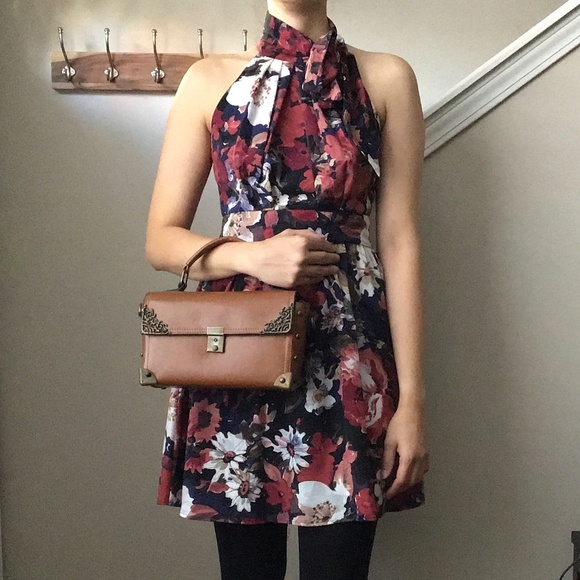 Modcloth Small Navy and Red Floral Halter Tie-Neck Dress NWOT - Picture 4 of 15